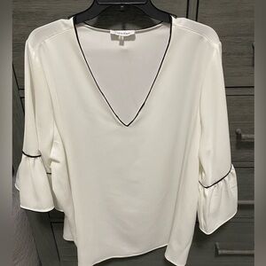 Women’s Calvin Klein White Bell Sleeve Blouse with Black Pipe Trim